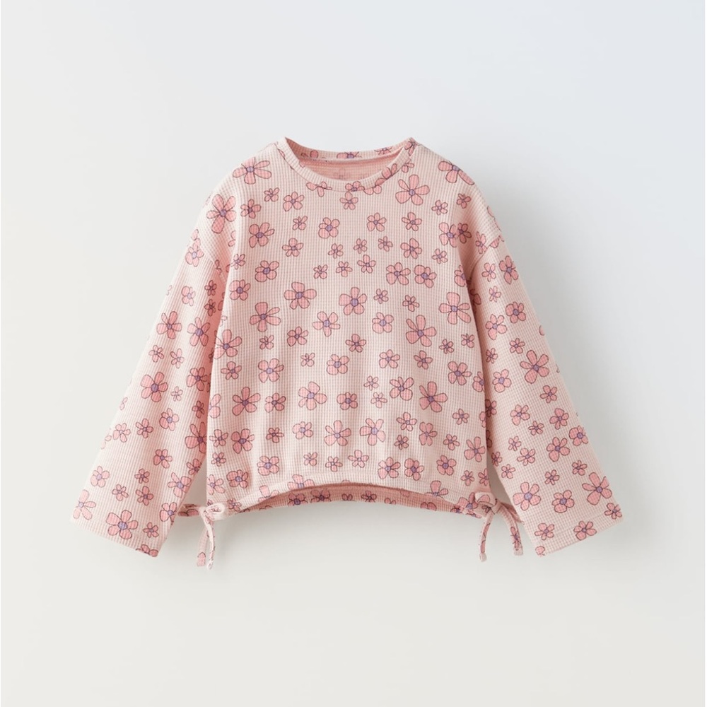 NWT Zara 3-4Y floral waffle weave long sleeve shirt top with bow ties